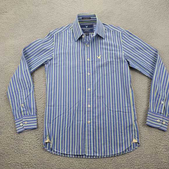 America Eagle Shirt Mens XS Blue Striped Vintage Fit Button Up Classiccore Logo - Picture 1 of 13